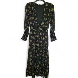 ZARA Women's S black floral Chiffon Midi Dress ethereal romantic Swiss dot